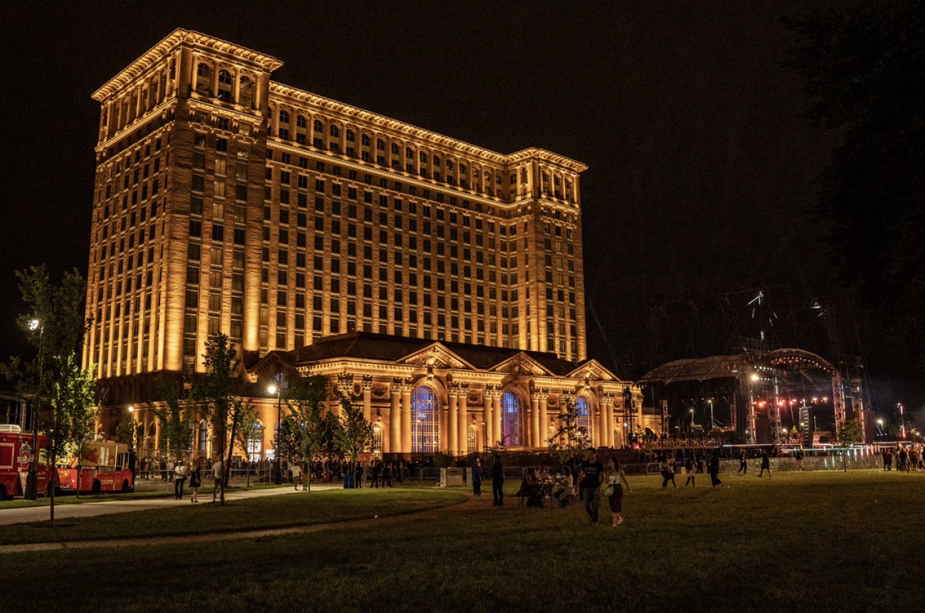 Michigan Central Station illuminated at night